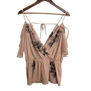 Express Womens Beige Floral Embroidered Mesh Layered Cold Shoulder Blouse Large